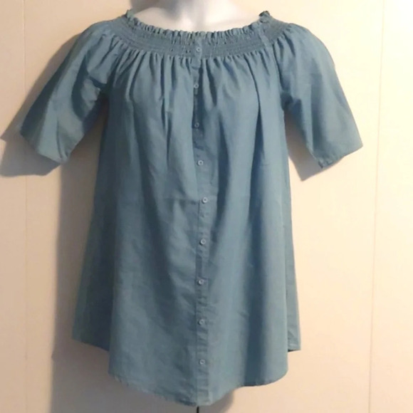 Paper Crane Smocked lightweight denim mini Tunic Sundress off shoulder M blue - Picture 4 of 8